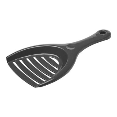Kayoba Scoop är en svart plastlåda med handtag och slitsad botten, designad för att rengöra kattlåda.
