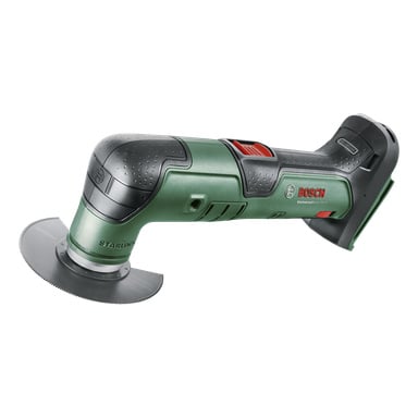 Ett grönt och svart Bosch Power 4 All UniversalMultiMulti 18V-32 sladdlöst oscillerande verktyg med cirkelsågsblad, röd strömbrytare och gummigrepp.