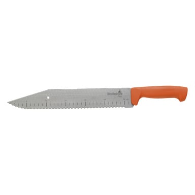 Hultaforsin mineraalivillaveitsi, jossa sahalaitainen terä, jossa on mittausmerkit jopa 30 cm:iin, teräväkärkinen kärki ja oranssi kahva.