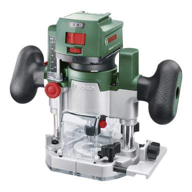 Der Bosch Power 4 All AdvancedTrimRouter 18V-8 Kombinationsrouter mit Fräser-Plunge Base zeigt ein grün-silbernes Design, ausgestattet mit zwei schwarz strukturierten Griffen, einem durchsichtigen Sockel und präzisen Verstellknöpfen. Dieses Werkzeug eignet sich für Holzbearbeitung und komplexe Fräsarbeiten.