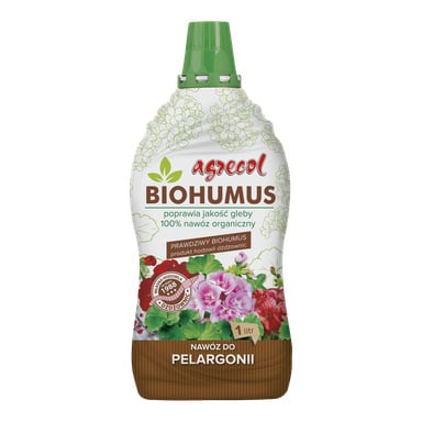 Butelka nawozu Agrecol Geranium Biohumus o pojemności 1 litra, zawierająca zdjęcia kwiatów i liści oraz informacje o produktach.