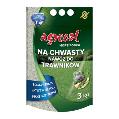 Worek Agrecol Lawn Fertiliser Hortifoska do zwalczania chwastów o wadze 3 kg, opakowanie zawiera informacje o produkcie, niebieską sekcję z korzyściami oraz zdjęcie zielonego trawnika z okrągłym wpustem przedstawiającym chwasty po zabiegu.