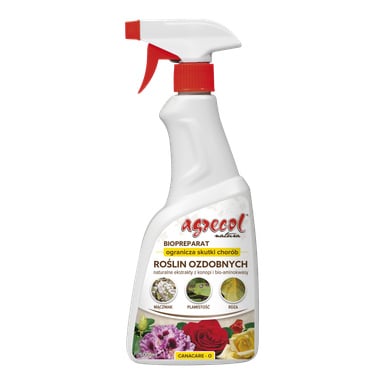 Biała butelka z rozpylaczem Agrecol Fungicide o pojemności 500 ml, z obrazami roślin ozdobnych i symbolami powszechnych chorób roślin, z tekstem podkreślającym naturalne ekstrakty i bioaminokwasy.