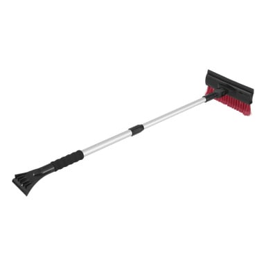 Hamron Telescopic Snow Brush with Ice Scraper on varustettu pitkällä, hopeisella kahvalla ja mukavalla mustalla vaahtomuovikahvalla. Toisessa päässä on vahvat punaiset harjakset lumen pyyhkimiseen, kun taas toisessa päässä on musta muovinen raaputin jään poistamiseen autoista.