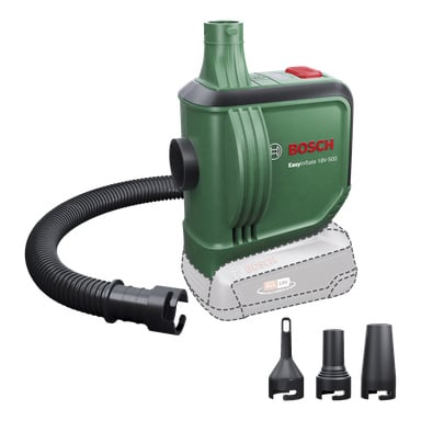 Vihreä Bosch EasyInflate 18V-500 Power 4 All -ilmapumppu on kuvassa, johon on kiinnitetty joustava musta letku ja kolme erilaista suutinliitettä sen vieressä. Ääriviivakuva esittää akkua, mikä osoittaa, ettei sitä ole mukana.