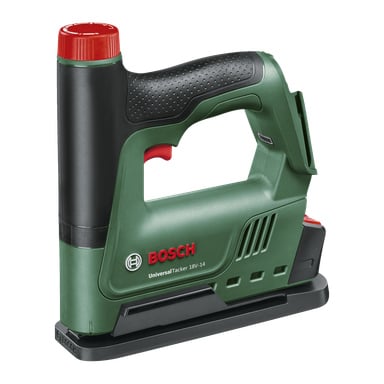 Der Bosch Power 4 All UniversalTacker 18V-14, eine batteriebetriebene Klammer- und Nagelpistole in Grün und Schwarz, steht aufrecht auf der Basis mit einem roten Abzug und einer roten Kappe oben.
