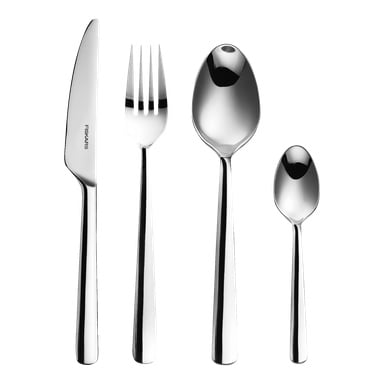 Fiskars Functional Form 24-delt bestikksett vises, inkludert kniv, gaffel, spiseskje og teskje med matchende glatte, blanke håndtak pent arrangert i en rekke.