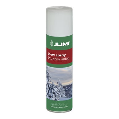 Puszka Snow Spray z napisem, pokrytymi śniegiem drzewami oraz czerwono-zieloną etykietą.