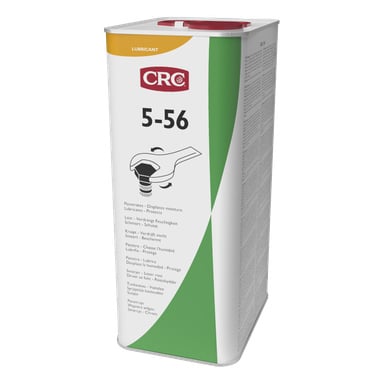 En rektangulær metallboks av CRC Universal Oil 5-56 PRO med en rød og hvit CRC-logo, en gul etikett som viser at det er smøremiddel, og en illustrasjon av oljekanne på forsiden.
