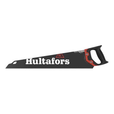 En svart Hultafors håndsag HBX med et taggete blad, et ergonomisk grep og merkenavnet "Hultafors" tydelig trykt i hvitt langs bladet.