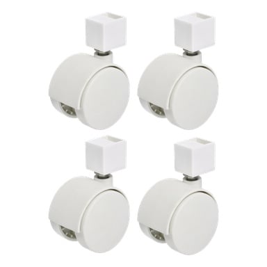 Fyra Hard Head Wheels för korgstativ presenteras i en fyrpack, placerade sida vid sida i två rader, var och en med en slät, rundad vit design och fyrkantiga monteringsstjälkar. Alla fyra kastare är identiska.