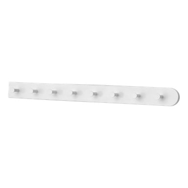 Hard Head Extendable multi-hanger är ett slankt, horisontellt väggmonterat ställ i vitt, designat med åtta runda pinnar jämnt fördelade för att organisera föremål. Dess högra ände är mjukt rundad, vilket ger den ett rent och minimalistiskt utseende.
