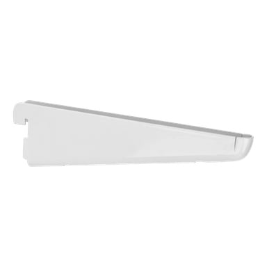 Ett vitt metall Hard Head Bracket med slitsad ände och vinklad stöd, designad för väggmonterade hyllor.