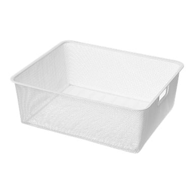 En vit korg av Hard Head Mesh med rektangulär form, rundade hörn och handtag på varje sida.