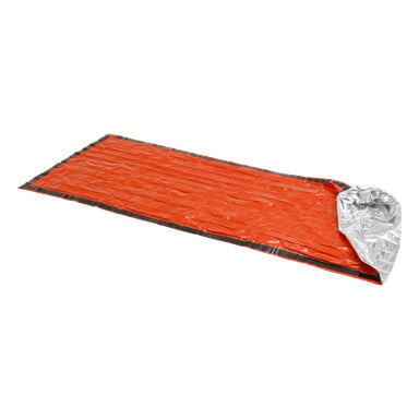 En Kayoba Outdoor Emergency bivvy-pose, med oransje på utsiden og reflekterende sølv inni, vises utlagt med den ene enden delvis brettet for å vise interiøret.