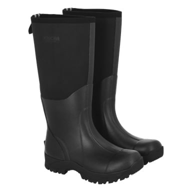Et par Kayoba Outdoor Neoprene-støvler med høy svart gummi, teksturerte såler og trekkfliker for enkel bruk. Støvlene er plassert ved siden av hverandre og vinklet litt mot høyre.