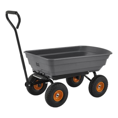 En Hard Head tippbar transportvogn med grå plastkropp, fire svarte og oransje hjul, en solid svart metallramme og et forlenget svart trekkhåndtak.