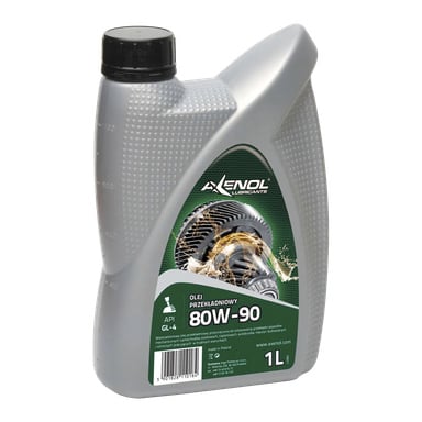 1-litrowa szara plastikowa butelka oleju Axenol GL-4 80W/90 z czarną kapslą. Na przedniej etykiecie znajduje się obraz przekładni i szczegóły produktu, w tym specyfikację API GL-4.