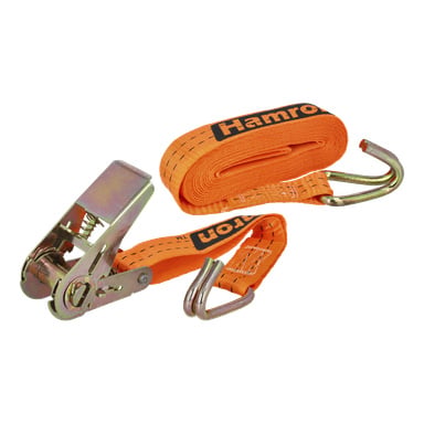 Ein ordentlich aufgerolltes orangefarbenes Halteband mit Ratschenmechanismus und Metallhaken, auf dem der Stoff die Marke Hamron in Schwarz zeigte.