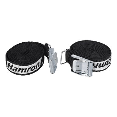 Zwei Hamron Tension Straps sind nebeneinander gerollt. Beide schwarz gewebten Riemen haben stabile Metallschnallen und weiße Bänder mit schwarzem Text, was darauf hinweist, dass sie als 2er-Pack erhältlich sind.