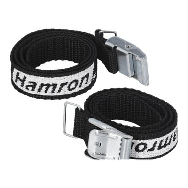 Zwei schwarze Spannriemen, aufgerollt mit Metallschnallen und teilweise sichtbaren weißen Etiketten, eines mit der Marke "Hamron", aus einem Satz von zwei Hamron-Spannriemen.