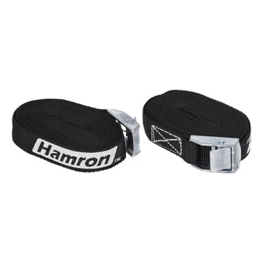 Ein Paar schwarze Hamron Tension Straps sind zu sehen, beide mit stabilen Metall-Nockenschnallen gewickelt. Der Markenname Hamron ist in Weiß auf einem Riemen sichtbar, und an jeder Schnalle sind verstärkte Nähte zu sehen.