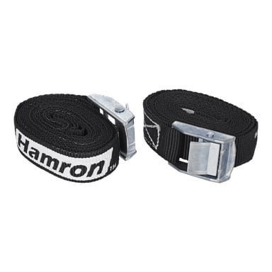 Zwei schwarze Nylon-Tension Straps von Hamron sind zu sehen, jeweils mit einer Metall-Nockenschnalle. Die Riemen sind nebeneinander gewickelt, wobei ein Riemen teilweise ausgerollt ist, sodass der Markenname "Hamron" in weißen Buchstaben sichtbar wird.