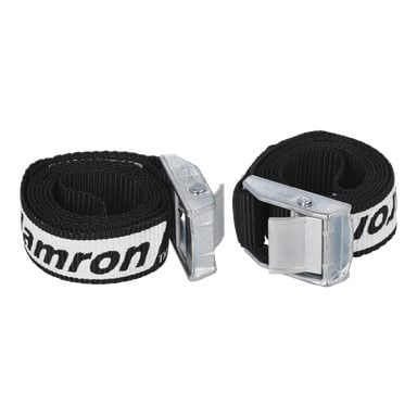 Ein Paar Hamron Tension Straps ist nebeneinander aufgerollt. Die Riemen haben ein schwarz-weißes gewebtes Design mit Metall-Cam-Schnallen, und jedes Stück zeigt einen Teil des Wortes "Hamron" auf seiner Oberfläche.
