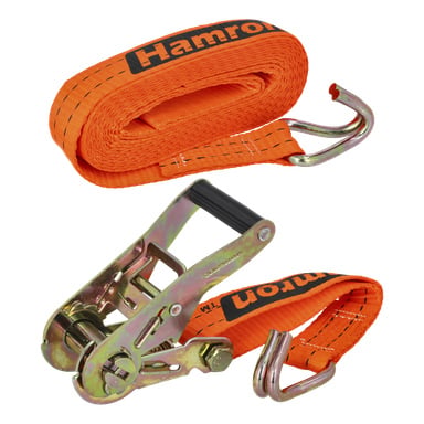 Två perspektiv av Hamron Retaining Strap: ovansidan visar remmen prydligt lindad med metallkrokar fästa, medan nedre vyn framhäver spärrmekanismen fäst vid en helt utsträckt rem.