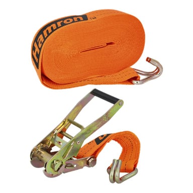 En orange Hamron-rem är prydligt rullad, utrustad med en stadig metallkrok och handtag. Metallmekanismen för spärran ligger under den spiralade remmen, och Hamron-logotypen syns på själva remmen.