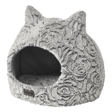 En koselig grå Kayoba-katteseng med kuppelform, teksturerte blomsterdesign og to spisse ører på toppen. Sengen har en rund inngang, et luksuriøst interiør for komfort, og en liten "Kayoba"-etikett nær inngangen i bunnen.