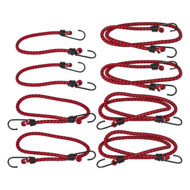 Acht Hamron Luggage Strap 8 Pack Bungee-Seile, jeweils mit rot-schwarzem Farbmuster und mit Metallhaken ausgestattet, sind in zwei ordentlichen Spalten ausgestellt. Jeder Riemen ist zu einer lockeren Schlaufe gewickelt, die im Aussehen identisch und gleichmäßig angeordnet ist.