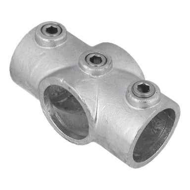 Valettu metalliputkiliitin, nimeltään Hard Head Cross Coupling, käytetään kahden pyöreän putken yhdistämiseen kohtisuorassa kulmassa. Siinä on kaksi risteävää sylinterimäistä aukkoa, ja se on kiinnitetty paikoilleen kolmella kuusiokolohylsyruuvilla.