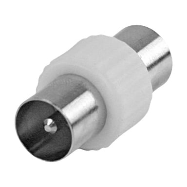 Närbild av Nedis Interconnector, som visar en metallisk koaxialkontakt med vitt plastgrepp och tydliga han- och honändar.