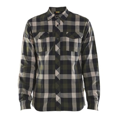 En herreskjorte i flanell fra Blaklader med lange ermer og knappet front, med et livlig rutete design i grønt, svart og beige. Skjorten har to brystlommer med knapper og en tradisjonell krage.