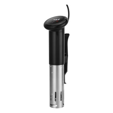 Bright Sous Vide Circulatorissa on tyylikäs musta ja ruostumattomasta teräksestä valmistettu runko, digitaalinen näyttö ohjauspainikkeineen sekä integroitu kiinnitysklipsi.