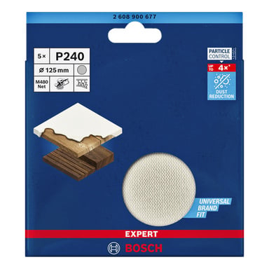 Bosch Expert Sanding Mesh Expert 5-pack inneholder 125 mm skiver designet for både tre- og malingsapplikasjoner, noe som fremhever effektiv støvreduksjon og kompatibilitet med flere merker. En mesh-skive sees gjennom et klart vindu på emballasjen.