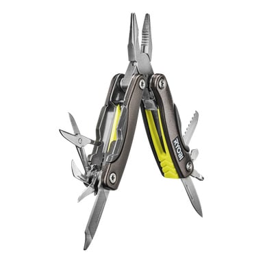 Ryobi Multitool 14-i-1 RMT14 visas med ett urval av verktyg utfällda, inklusive täng, sax, fil, kniv och olika skruvmejslar. Handtaget har metalliska element kombinerat med gulgröna detaljer.