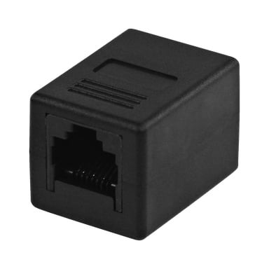 En svart rektangulär RJ45-koppling med en synlig port, indragna linjer och ett infällt märkningsområde för att koppla Ethernet-kablar.