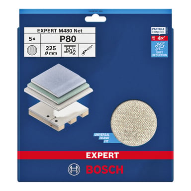 Bosch Expert Grinding Net Expert 5-pakning viser fem 225 mm P80-skiver for sliping av tre, maling og gips. Esken fremhever støvreduksjonsfunksjoner og indikerer kompatibilitet med flere merker. En enkelt skive er synlig gjennom et rundt utsnitt på emballasjen.