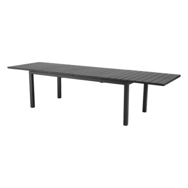 Der EKVIP Table ist ein eleganter, rechteckiger Außentisch mit einer dunkel gefärbten Lattenplatte und vier geraden Beinen. Aus Metall und hochwertigen Verbundmaterialien gefertigt, unterstreicht es Haltbarkeit und modernes Design.