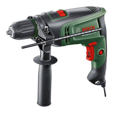 Bosch UniversalImpact 730 -iskuporakone, jossa on sivukahva, syvyysmittari ja avaimeton nokki. Työkalu on musta ja vihreä, punaisilla painikkeilla ja yksityiskohdilla, ja siinä on Boschin logo sivulla.