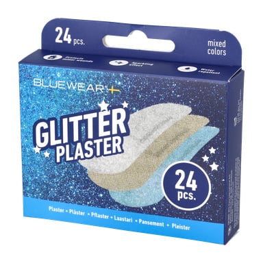 24-pakkauksen laatikko Bluewear-laastareita, joissa on erilaisia värillisiä siteitä, esitetty kimaltelevan sinisessä pakkauksessa, jossa on kolme kimaltavaa sidekuvaa ja korostaen sen vedenhleyttömyyttä.