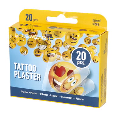 Keltainen Bluewear Band-Aid 20 -pakkaus, joka on koristeltu erilaisilla emojikasvoilla, sisältäen sekakokoisia laastareita ja jossa on laastarin kuva sydänsilmäemojilla.