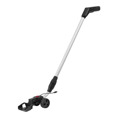 Teleskopowa rączka Meec Tools do wielorzędnego trymera z długim srebrnym uchwytem wykonanym z metalu i plastiku, wyposażona w czarne kółka i czarną plastikową głowicę zaprojektowaną do mocowania do elektronarzędzia.