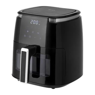 Bright Air fryer har en stilren svart kropp med silverdetaljer, ett frontmonterat handtag och en LED-skärm som visar 200°C.  Kontrollpanelen använder pekknappar för enkel användning.