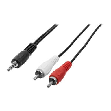 En svart Nedis-kabel med en 3,5 mm stereokontakt som delas upp i röda och vita RCA-kontakter för ljudanslutningar.
