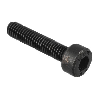 Närbild på en svart Hex Head M3*12 F. 021419 skruv, som framhäver dess synliga gängor och hexagonala hylsa.