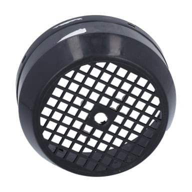 Svart plastfläktlock med rutnätsdesign och centralt hål.
