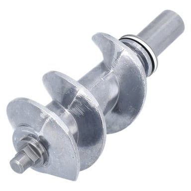 Metalowa śruba ślimakowa do maszynki do mięsa, przedstawiająca dwa spiralne ostrza, cylindryczny wałek, sześciokątny koniec oraz uszczelkę O-ring na drugim końcu.
